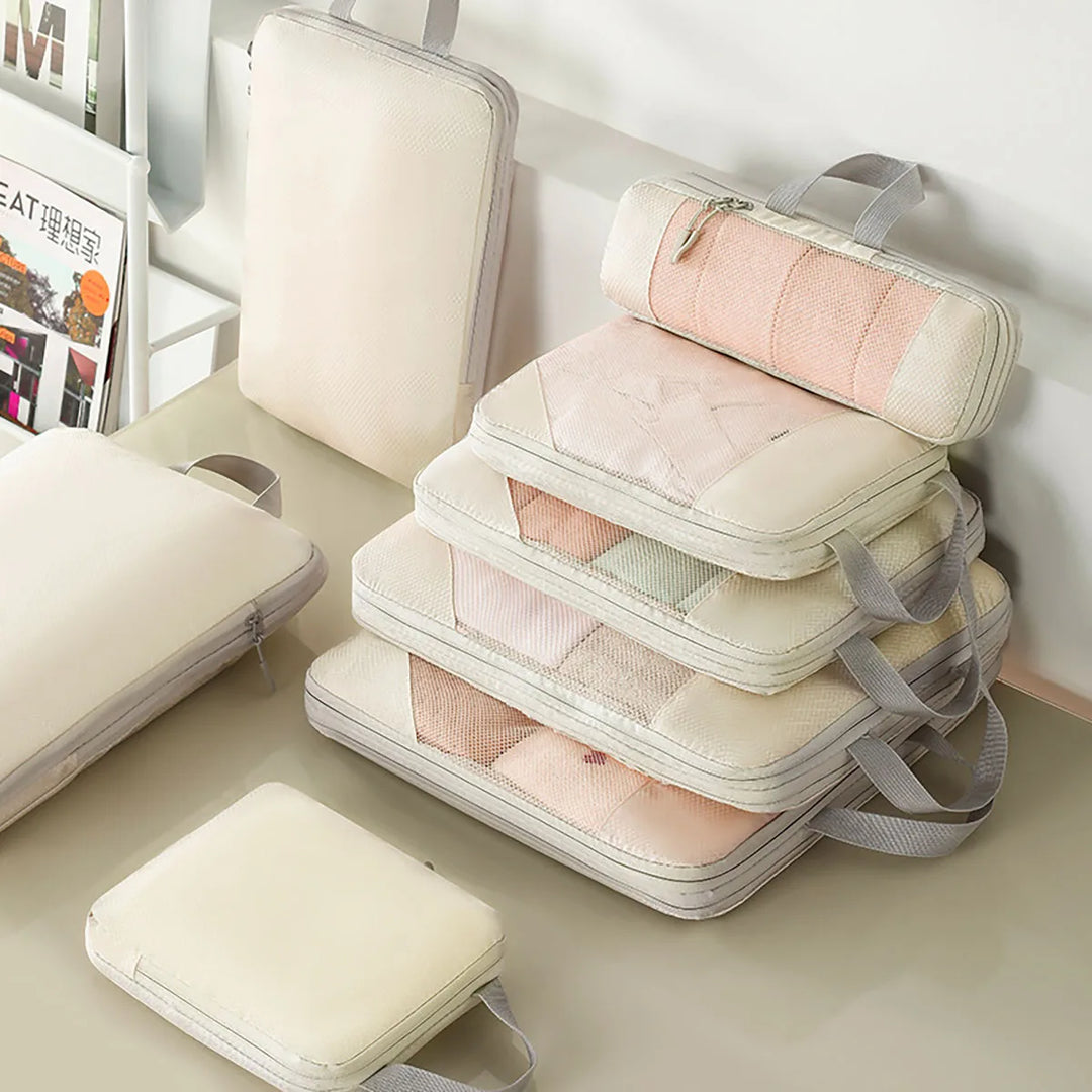 5-teiliges Unisex Reise Kompressions-Organizer Set für effiziente Gepäcksortierung und Platzersparnis im Koffer.