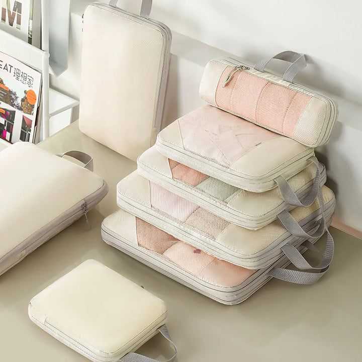 5-teiliges Unisex Reise Kompressions-Organizer Set für effiziente Gepäcksortierung und Platzersparnis im Koffer.