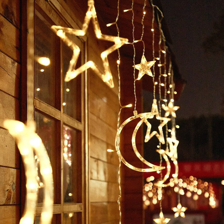 Weihnachts-LED-Lichterkette 5m: Mond, Sterne, Schneeflocken. Innen & Außen. Solar & Netzanschluss verfügbar.