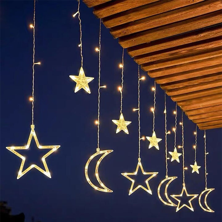 Energieeffiziente 5m LED Lichterkette Mond Stern Schneeflocke, solarbetrieben, für stimmungsvolle Deko.