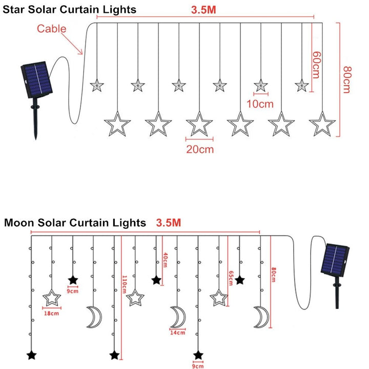 Warme weiße 5m LED Lichterkette mit Mond, Stern, Schneeflocke. Solar & Netzbetrieb für gemütliche Deko.
