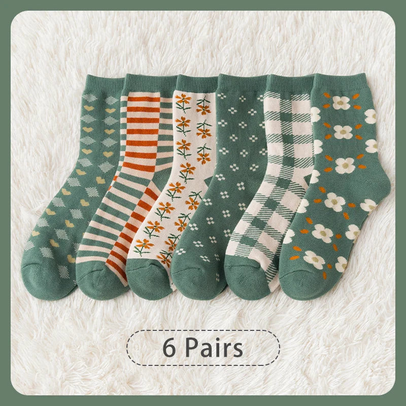 Warme, dicke Damen-Wintersocken für gemütliche Stunden, 6er-Set im süßen College-Stil für den Winter.
