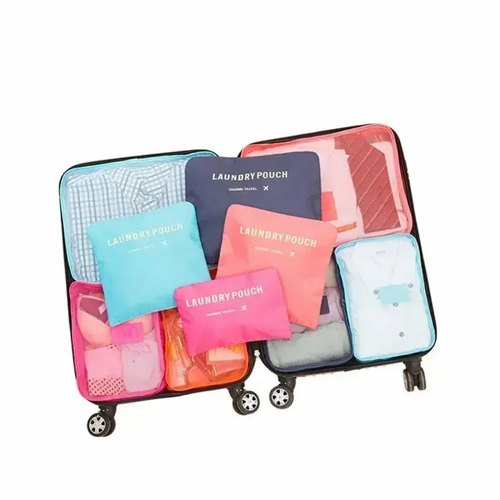 Perfekt organisierter Koffer mit dem 6-teiligen wasserdichten Kofferorganizer Set für stressfreies Reisen.