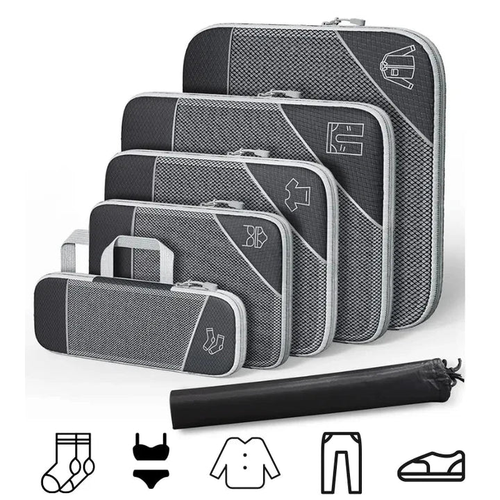 6-teiliges komprimierbares Reise-Organizer Set für Koffer aus wasserdichtem Nylon zur Gepäck-Ordnung im Urlaub.