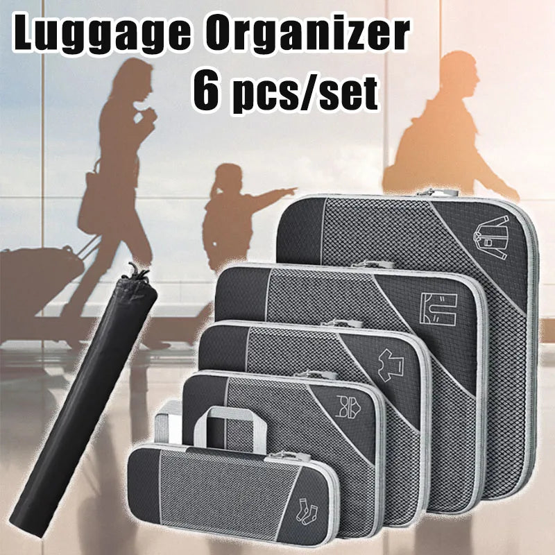 Komprimierbare Packtaschen für Koffer: 6-teiliges Reise-Organizer Set aus wasserdichtem Nylon für mehr Platz im Gepäck.
