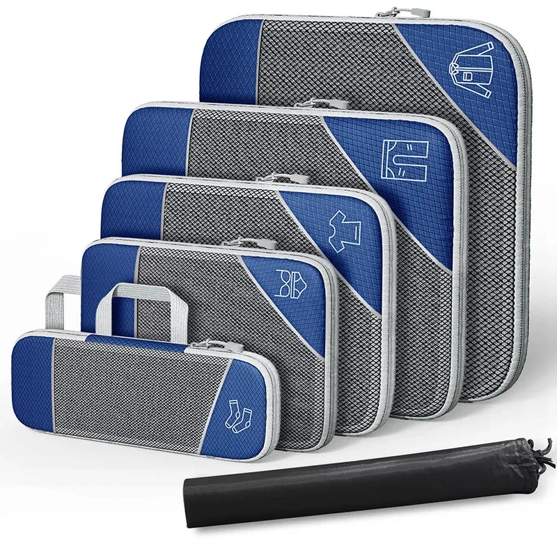 Ideale Packtaschen für Camping & Urlaub: 6-teiliges, komprimierbares & wasserdichtes Reise-Organizer Set für Koffer.