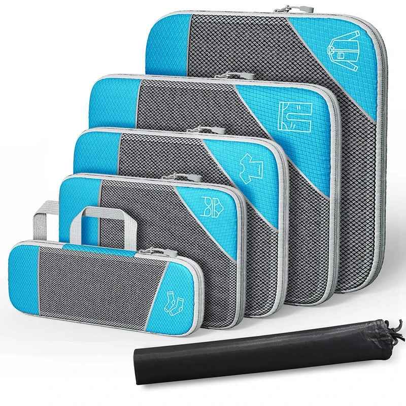 Platzsparendes 6-teiliges Reise-Organizer Set für Koffer. Komprimierbare, wasserdichte Packtaschen aus Nylon für Ordnung.