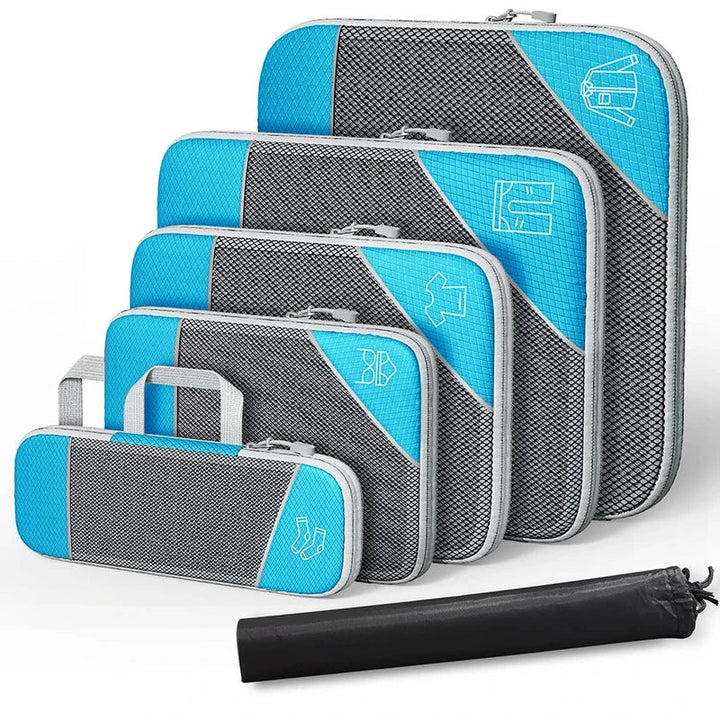 Platzsparendes 6-teiliges Reise-Organizer Set für Koffer. Komprimierbare, wasserdichte Packtaschen aus Nylon für Ordnung.