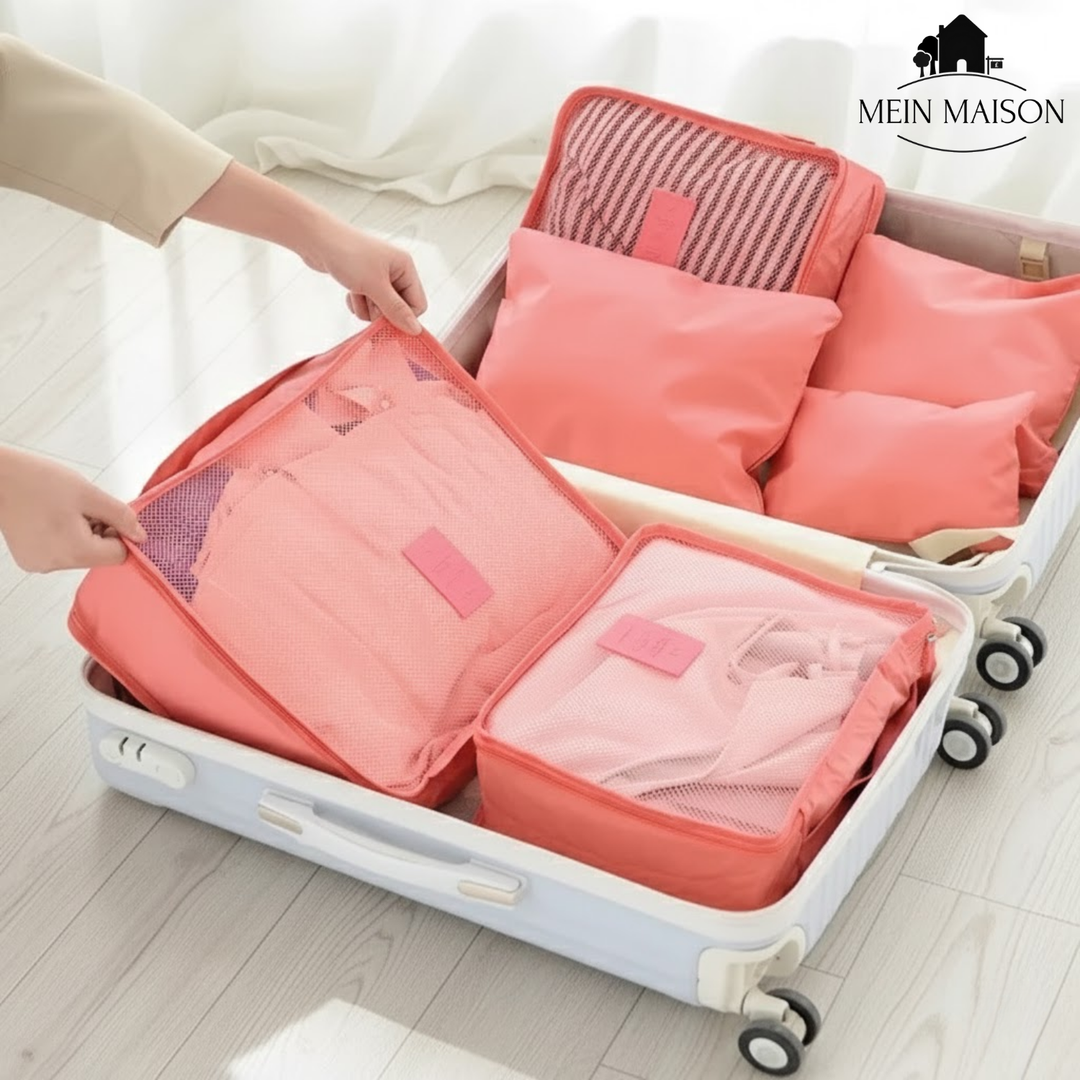 Reise Packwürfel Set in verschiedenen Größen, perfekt zum Sortieren von Hemden, Hosen & Unterwäsche im Koffer.