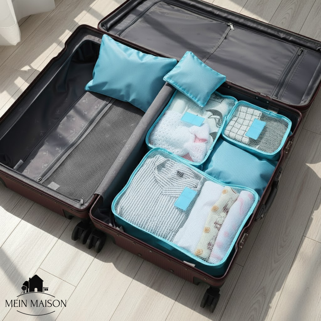 Gut organisierter Koffer mit dem 6-teiligen Reise Packwürfel Set für einfache Übersicht und Ordnung im Gepäck.