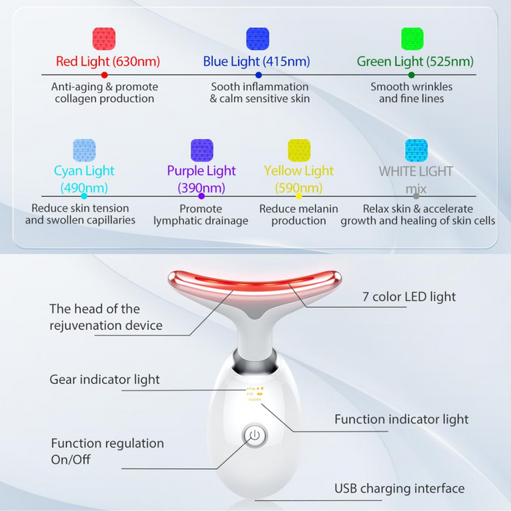 Modernes 7-Farben LED Gesichtsgerät mit Lichttherapie und Vibration für Hautpflege und Anti-Aging zu Hause.