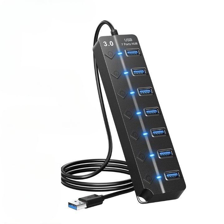 7-Port USB 3.0 Hub mit Netzschalter für schnelle Datenübertragung & effiziente PC/Laptop-Erweiterung.