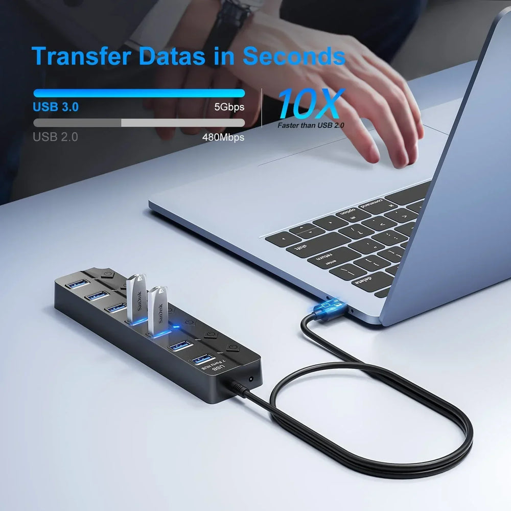 Schneller 7-Port USB 3.0 Datenhub mit individuellen Schaltern für stabile Konnektivität an PC & Laptop.