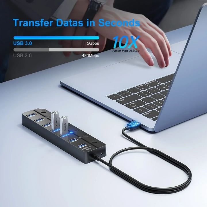 Schneller 7-Port USB 3.0 Datenhub mit individuellen Schaltern für stabile Konnektivität an PC & Laptop.