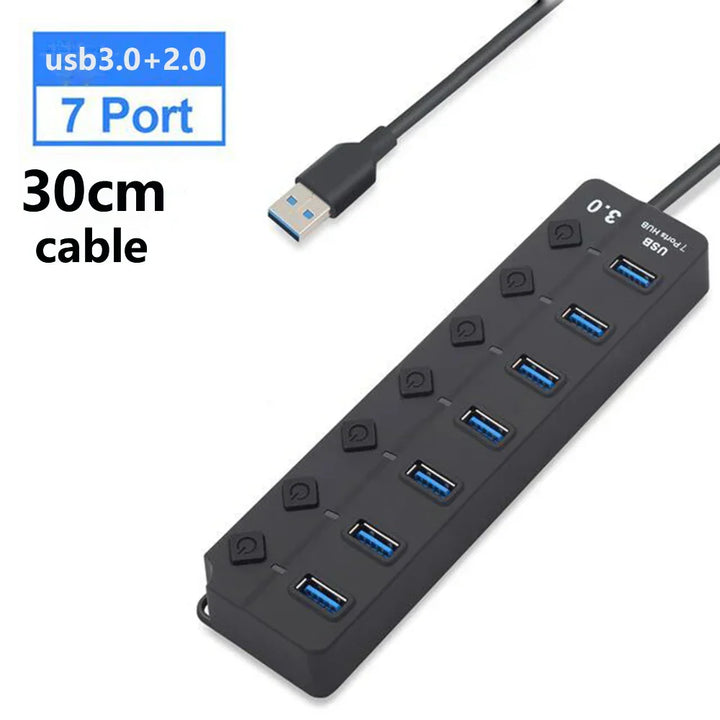 Praktischer 7-Port USB 3.0 Datenhub für PC und Laptop, erweitert Anschlussmöglichkeiten & erleichtert die Nutzung.