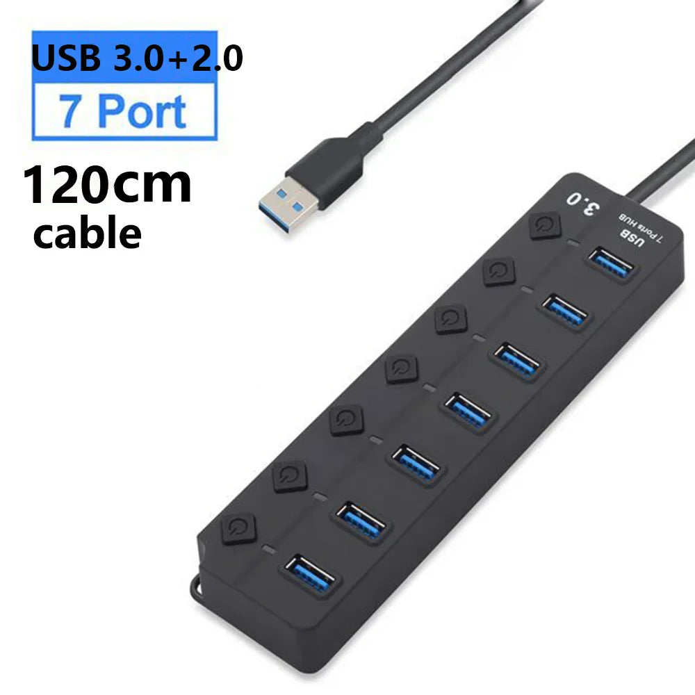 High-Speed 7-Port USB 3.0 Hub mit Plug & Play für schnelle Datenübertragung und vielseitige PC-Konnektivität.