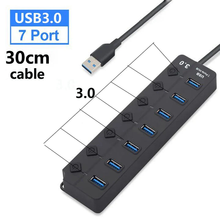 Eleganter 7-Port USB 3.0 Hub mit Einzelschaltern, perfekt für Büroumgebung, Homeoffice & Gaming-Desks.