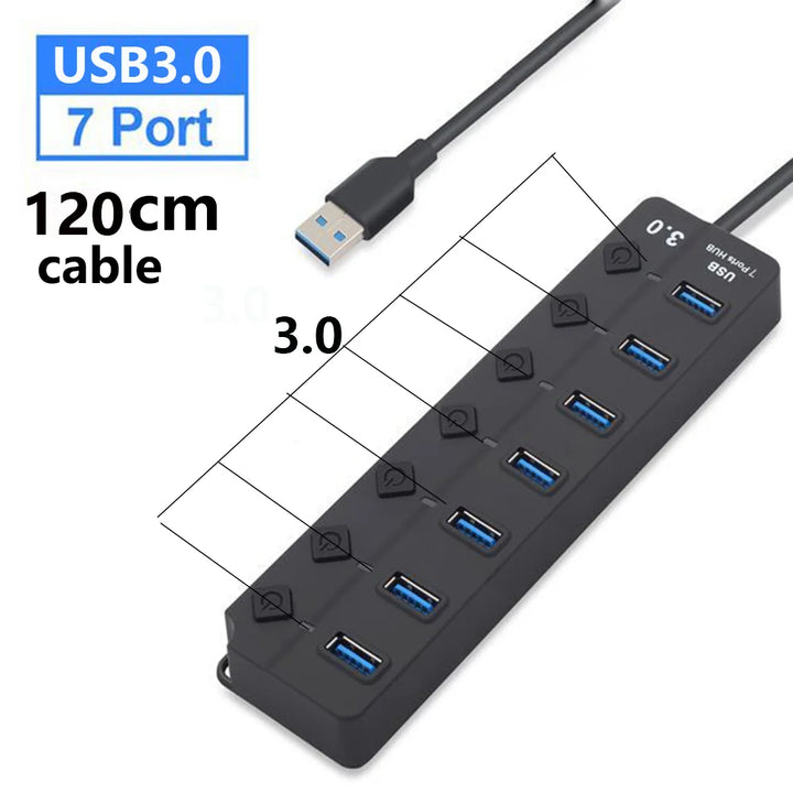 Leistungsstarker 7-Port USB 3.0 Hub mit Netzadapter für stabile Stromversorgung und schnelles Laden digitaler Geräte.
