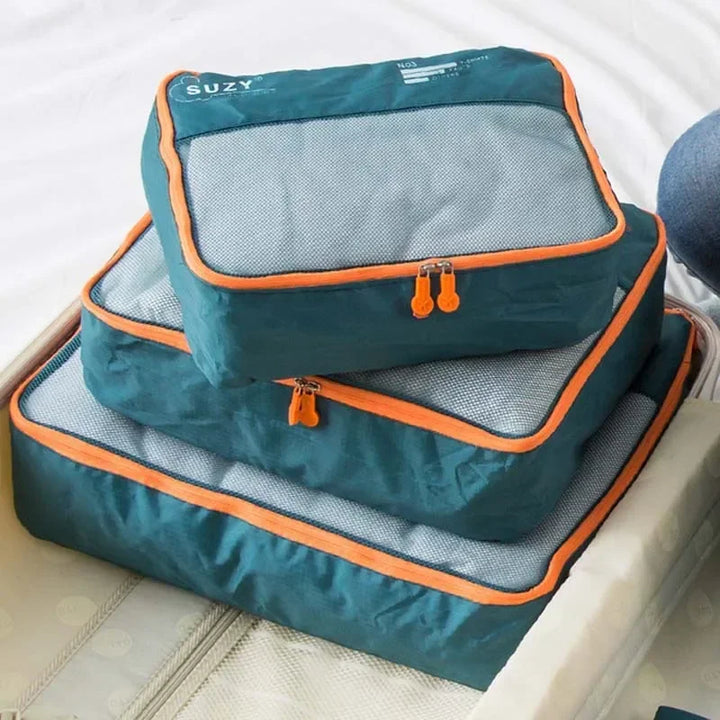 Platzsparende Reise-Organizer zum effizienten Packen von Kleidung & Schuhen im Koffer; 7-teiliges Gepäck-Set.