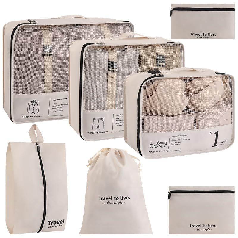7-teiliges wasserabweisendes Koffer Organizer Set für effiziente Gepäckordnung auf Reisen & im Reisekoffer.