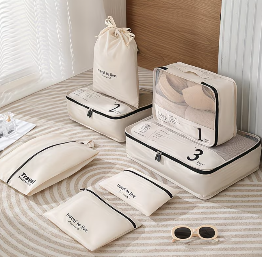 Premium 7-teiliger Gepäck Organizer, wasserabweisend, für optimalen Schutz & Organisation im Reisekoffer.