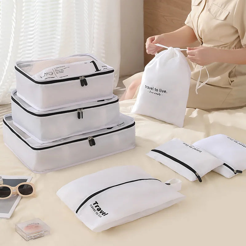 Gepäck Organizer Set (7-teilig, wasserabweisend) für systematische & trockene Aufbewahrung im Reisekoffer.