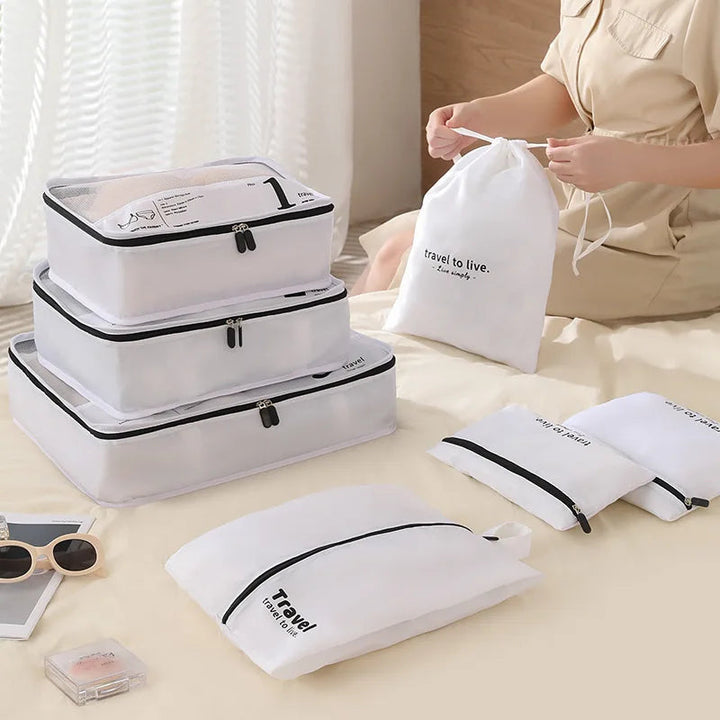Gepäck Organizer Set (7-teilig, wasserabweisend) für systematische & trockene Aufbewahrung im Reisekoffer.
