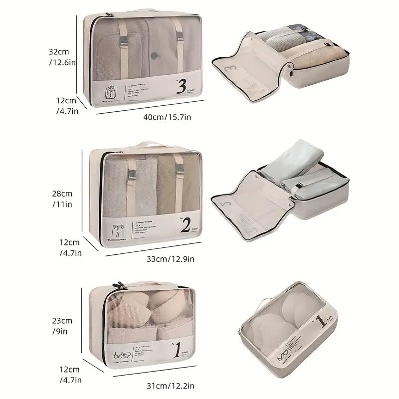 Komplettes 7-teiliges Reise-Set: wasserabweisende Packwürfel & Beutel für effizientes & sauberes Packen.