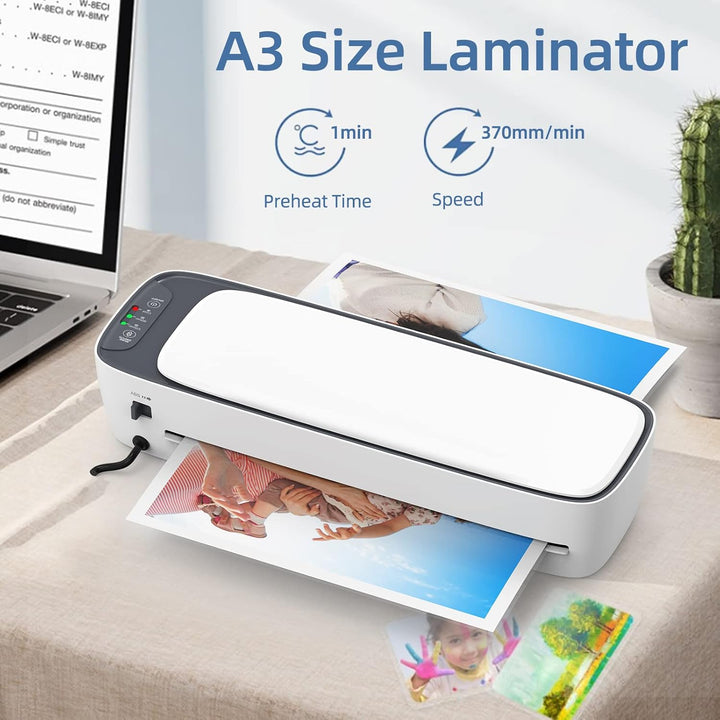 Modernes A3 Heiß- & Kaltlaminiergerät mit integrierten 6-in-1-Funktionen für effiziente Papierverarbeitung.