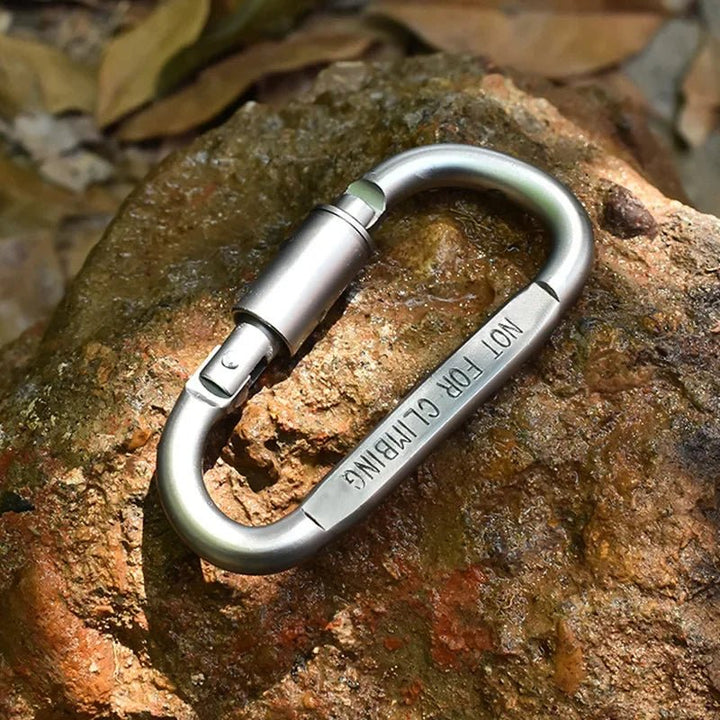 Zwei Aluminium Karabiner mit Schraubsicherung für sichere Befestigung von Ausrüstung beim Wandern.