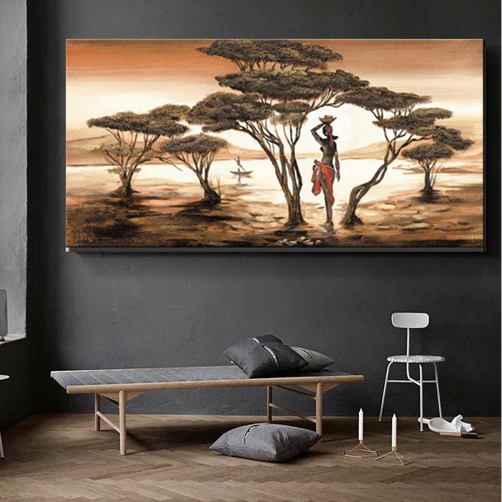 Abstraktes Leinwandbild: Afrikanische Frau in Aquarell-Stil, moderne Wanddeko für ein elegantes Zuhause.