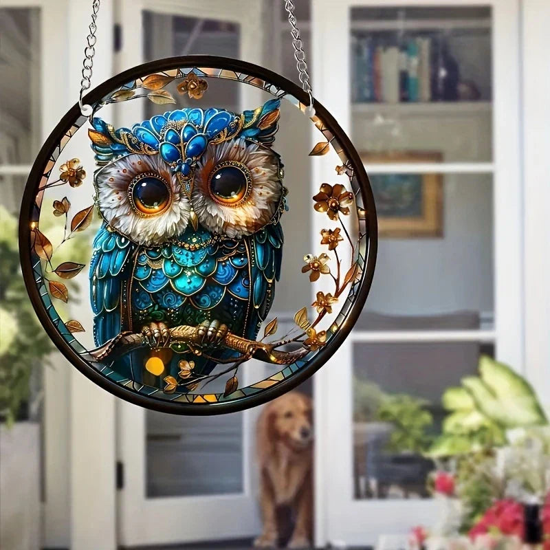 Acryl Eulen Sonnenfänger, 15 cm rund, für Fenster & Wand, erzeugt farbenfrohe Lichtspiele.