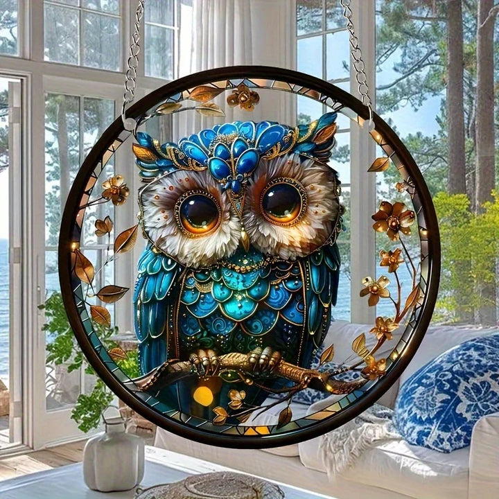 Farbenfroher Acryl-Eulen-Sonnenfänger, 15 cm, als stilvolle Fenster- & Wanddeko mit lebendiger Tierdeko.