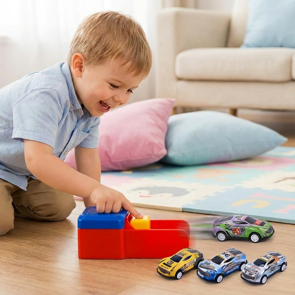 Actionreiches Katapult Rennspiel Set für Kinder mit Die-Cast Spielzeugautos auf einer Rennstrecke.