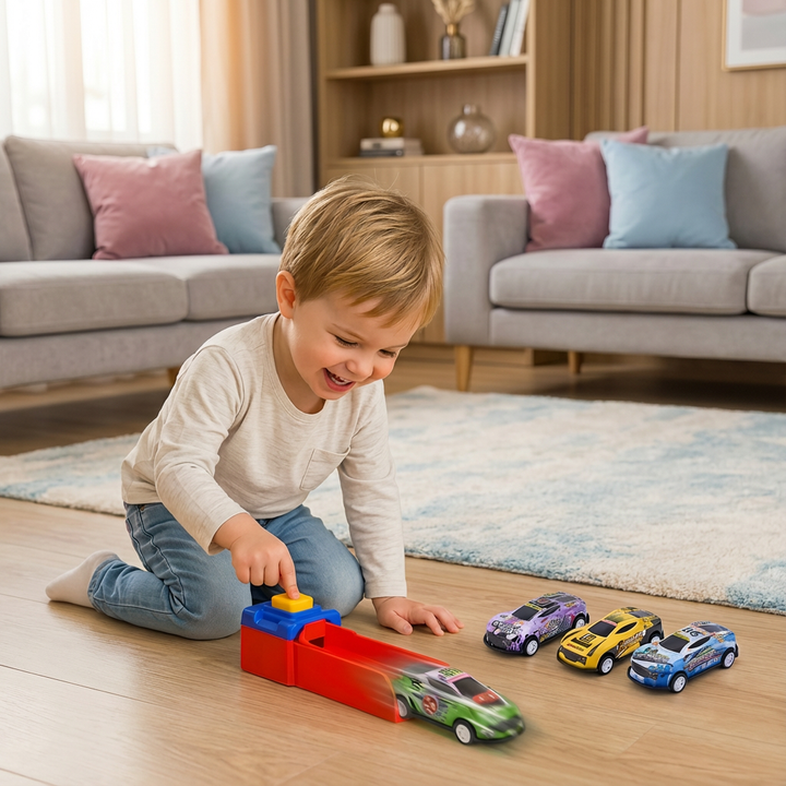 Buntes Katapult Autorennen Spielzeug-Set für Kinder; spannendes Rennspiel mit actionreichem Start.