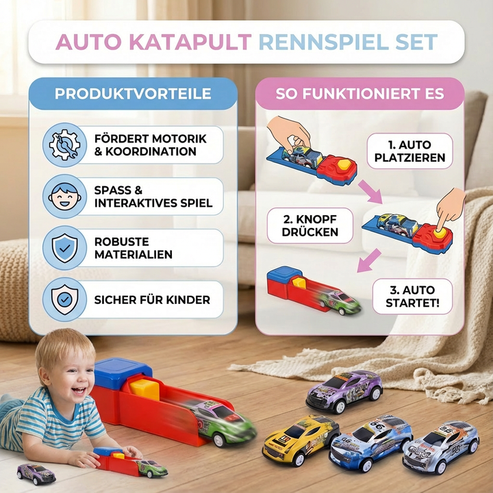 Interaktives Katapult-Rennspiel für Kinder; Spielzeugautos rasen über die Strecke nach Katapult-Start.