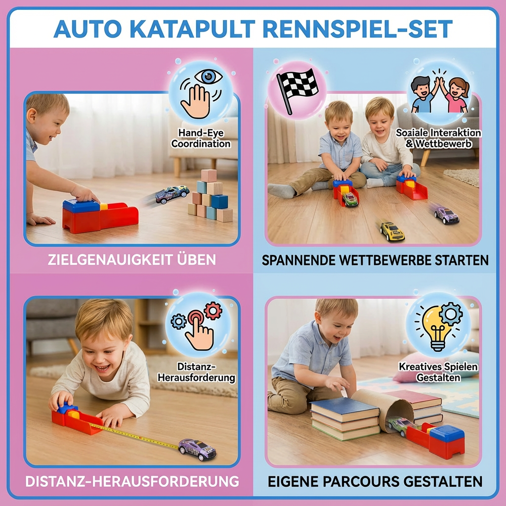Cooles Kindergeschenk: Katapult Rennspiel Set mit Spielzeugautos, ideal für actiongeladenes Rollenspiel.