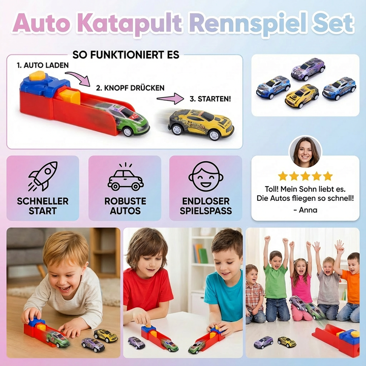 Detailliertes Katapult-Autorennen-Set mit Die-Cast Spielzeugautos und Rennstrecke für spannendes Spiel.