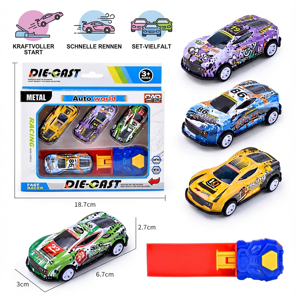 Robustes Katapult Rennspiel Set mit mehreren Spielzeugautos für endlosen Spielspaß und Autorennen.