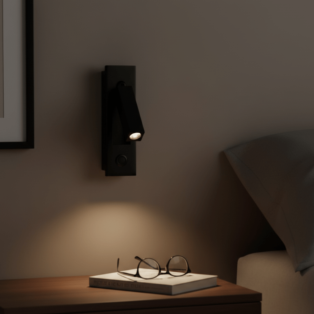 ADJUSLITE LED Wandleuchte mit flexiblem Kopf für gezielte Beleuchtung im Schlafzimmer.