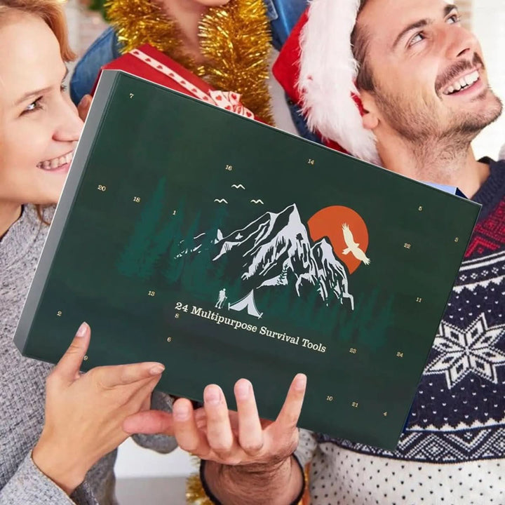 Adventskalender für Männer, gefüllt mit 24 verschiedenen Outdoor-Werkzeugen für Wandern, Survival und Camping.