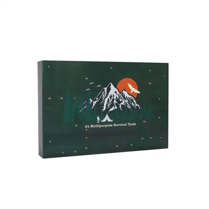 Maskuliner Adventskalender 2025, gefüllt mit 24 cleveren Outdoor-Werkzeugen für Survival- und Wander-Fans.