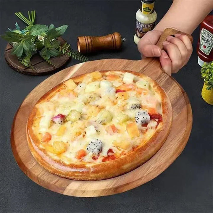 Akazienholz Pizza Servierbrett & Schneidebrett. Edles Holzbrett, ideal für Pizza, Brot & Käse in Ihrer Küche.