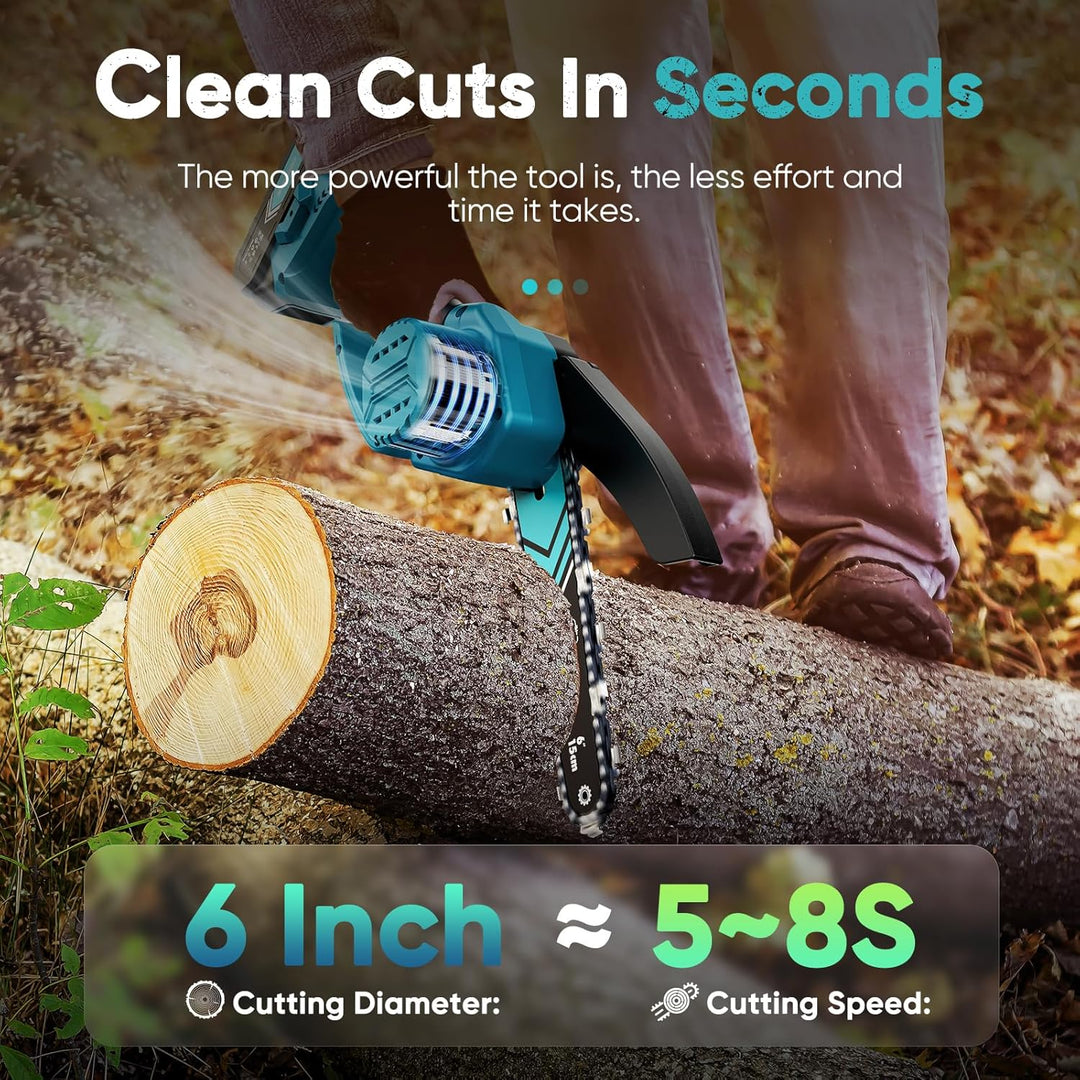 Kompakte TimberCut Akku Mini-Kettensäge 15cm, ergonomisch für mühelosen Baumschnitt und Gartenarbeit.