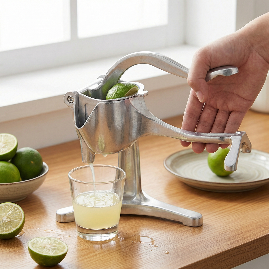 Aluminium-Handentsafter für frischen Saft, ergonomisches Design für einfaches Pressen von Zitrusfrüchten.
