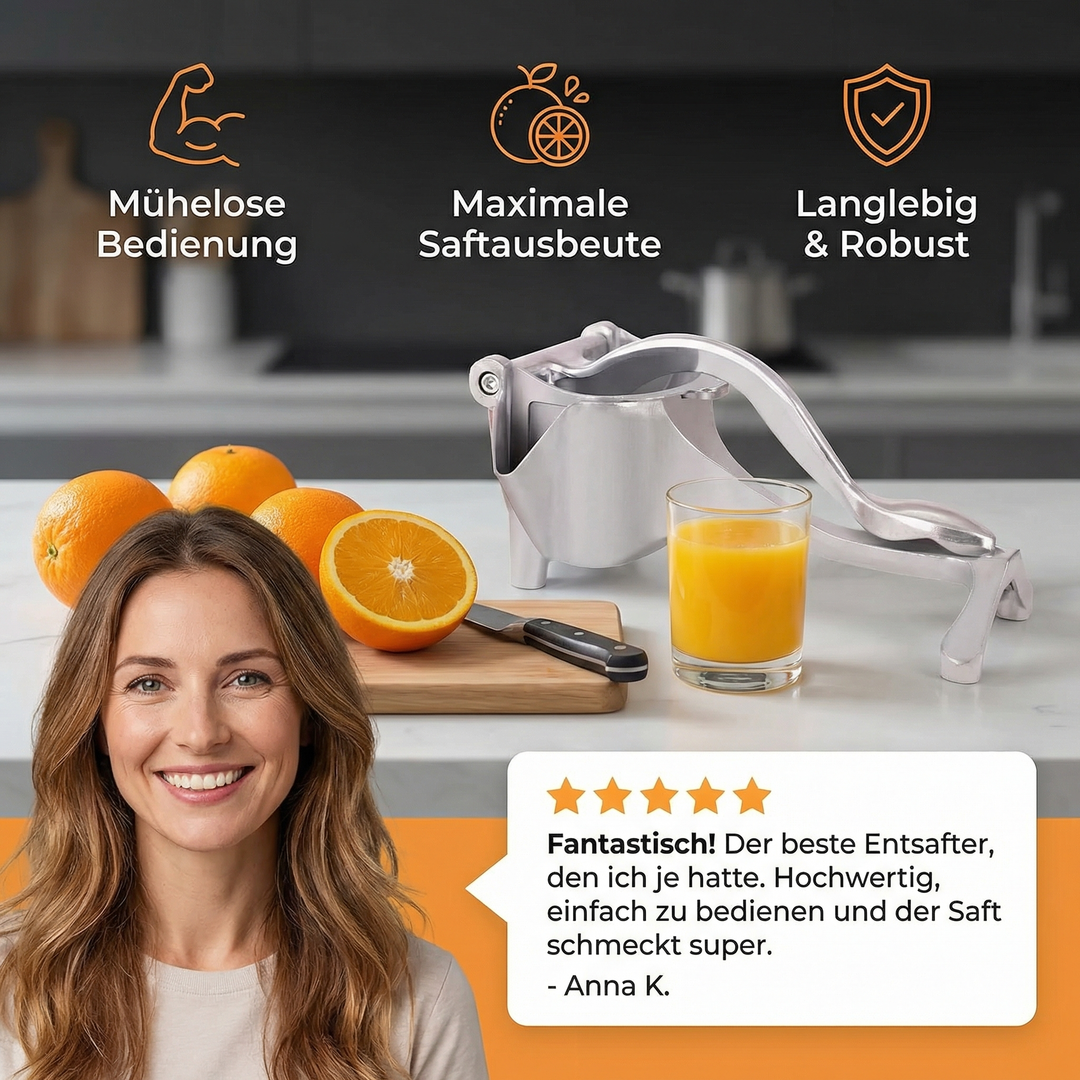 Manuelle Saftpresse aus Aluminium. Ideal für Zitrusfrüchte und gesunde Säfte. Einfache Handhabung.