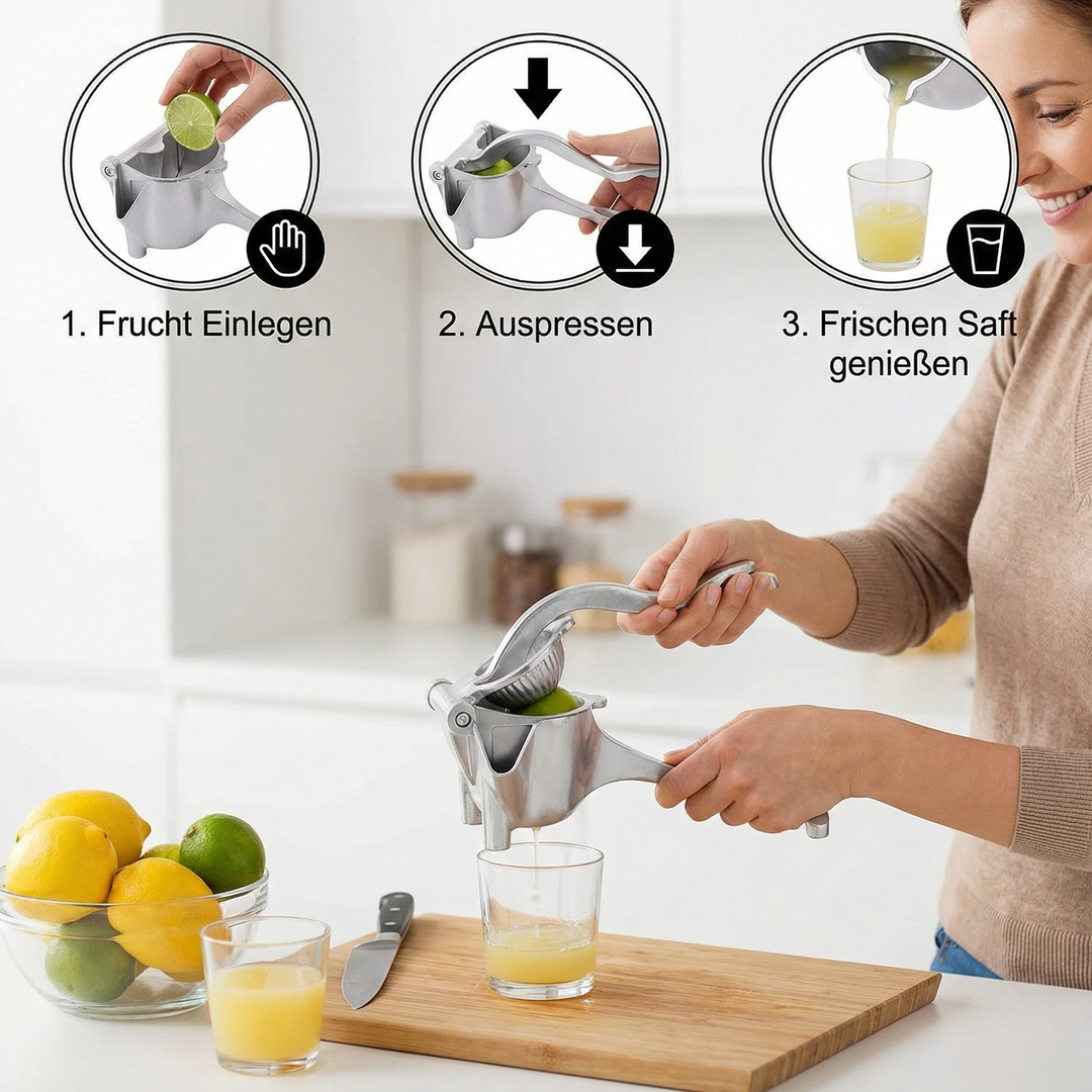 Effizienter Aluminium-Handentsafter. Mühelos gesunde Säfte aus Früchten pressen. Perfekt für die Küche.