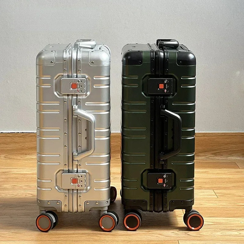 Eleganter Rollkoffer Vienna Voyager aus Aluminium-Magnesium, luxuriöser Hartschalenkoffer mit TSA-Schloss.