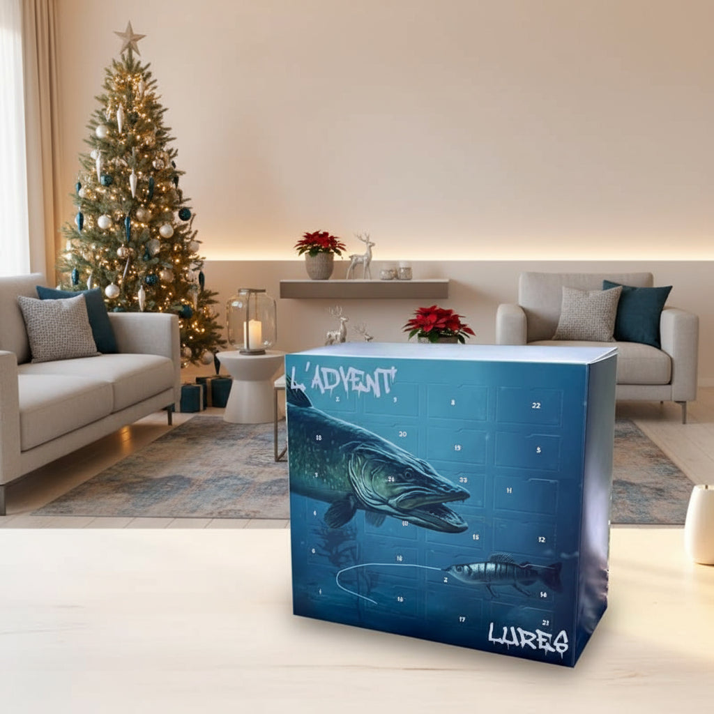 Angler Adventskalender 2025 mit 24 einzigartigen Ködern für Angel-Fans; ideales Weihnachtsgeschenk.