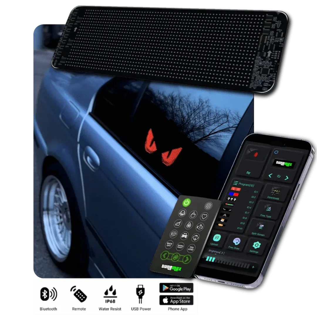 Anpassbares LED-Display für klare Textanzeigen im Auto; ideal als dynamische Werbetafel oder Nachrichtendisplay.